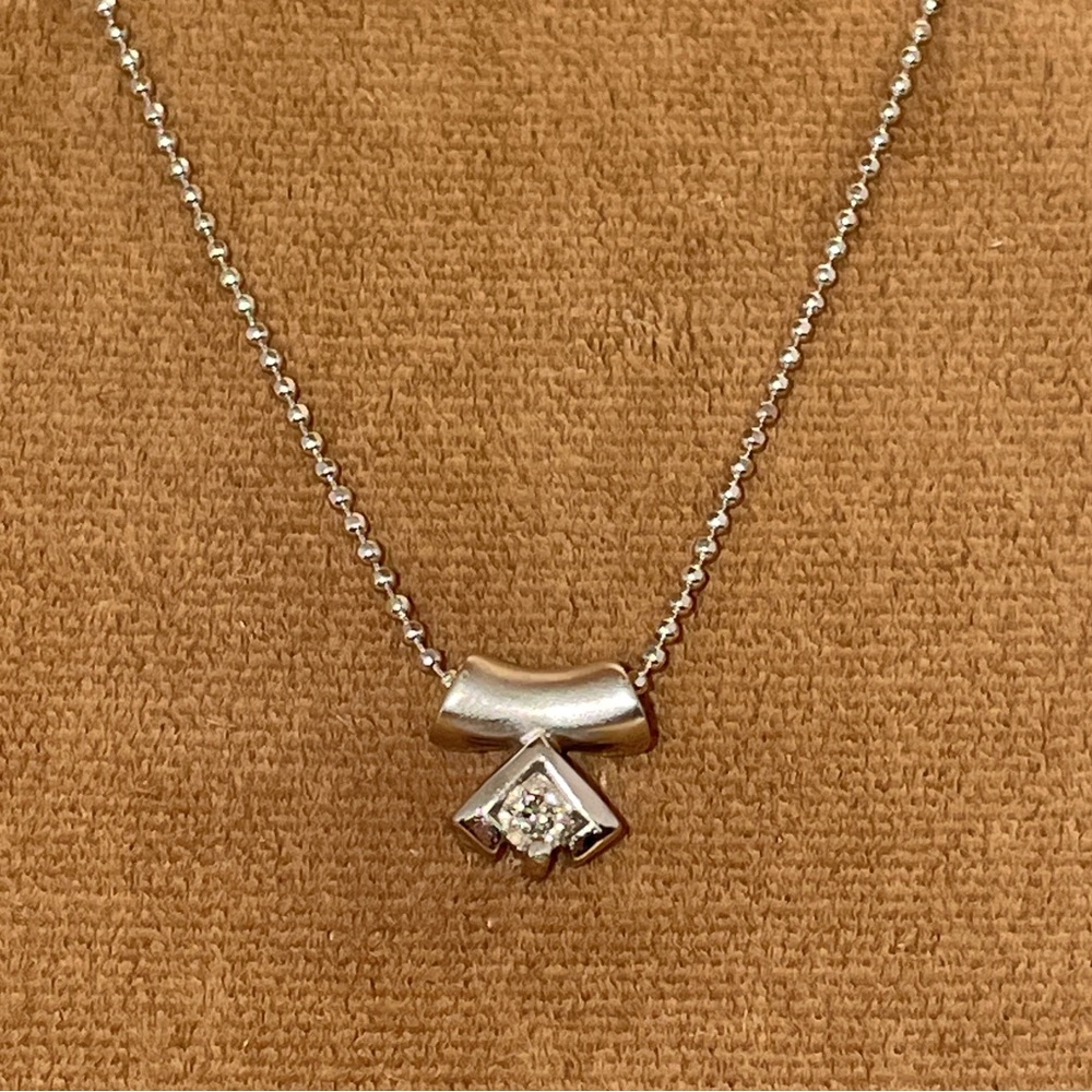 Vintage Solid White Gold 18K Natural Diamond Solitaire Pendant 14K Bead Necklace - Picture 3 of 16